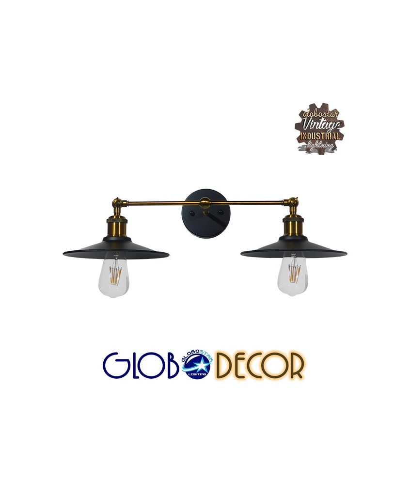 GLOBOSTAR® MINIMALL 01069 Vintage Φωτιστικό Τοίχου - Απλίκα με Ντουί 2 x E27 AC 220-240V IP20 - Μαύρο & Χρυσό - Μ30 x Π60 x Υ18cm
